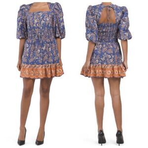 House of Harlow 1960s Balloon Sleeve Mini Dress XL Multicolor Smocked Back